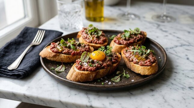 Elegant platter of filet am&eacute;ricain appetizers on marble table  