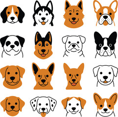 Obraz premium Set of various cute dog breed head icons in flat vector style