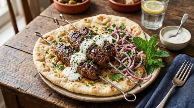 Grilled kofta kebabs served on flatbread with onions and sauce  