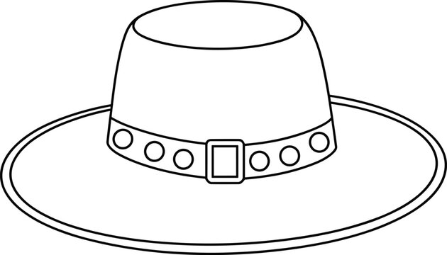 Simple black and white line art illustration of a traditional pilgrim hat