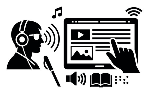 Visually impaired person using headphones and digital tablet, interacting with braille, sound, and a white cane