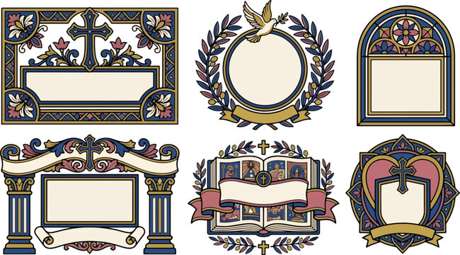 Intricate flat vector illustrations of vintage religious frames and borders featuring crosses, doves, and scrolls in a traditional, elegant style.