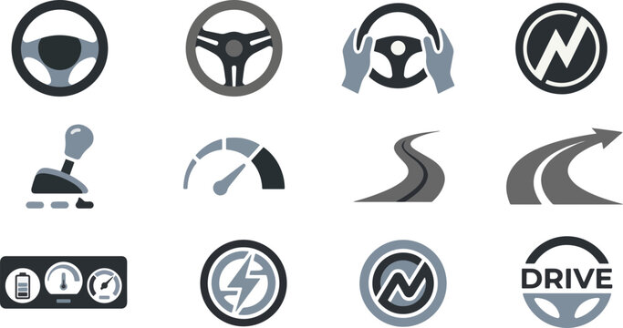 Modern flat design vector icons illustrating essential car driving elements like steering wheels, speedometers, and gear shifters in a clean grey and blue palette.