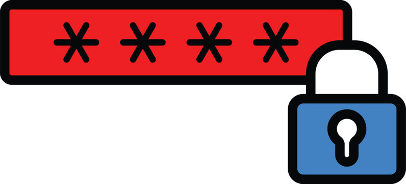 Password security concept with asterisks in red input field and blue padlock icon, flat design vector illustration