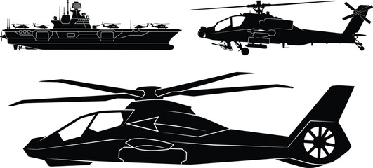 Black silhouettes of a naval ship and two helicopters, against a white background, warship © MD FARID