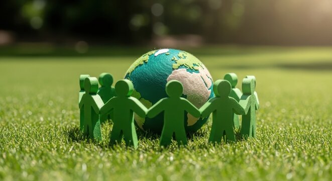 People surrounding a globe representing global unity and environmental care