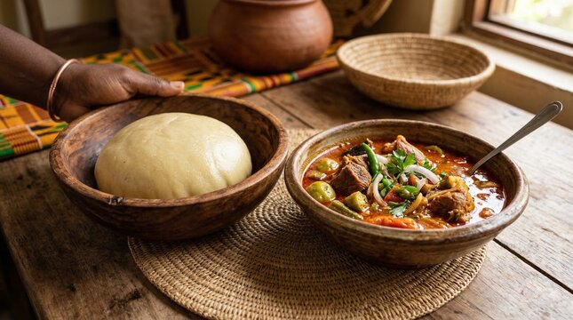 Traditional African meal with fufu and meat stew in wooden bowls  