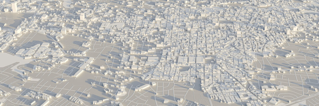 3D rendering map of San Jose City view. 3D illustration of an aerial view of San Jose, Costa Rica.