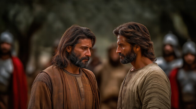 Judas betraying Jesus with a kiss in the Garden of Gethsemane at night, tense and dramatic biblical scene filled with emotion and impending tragedy