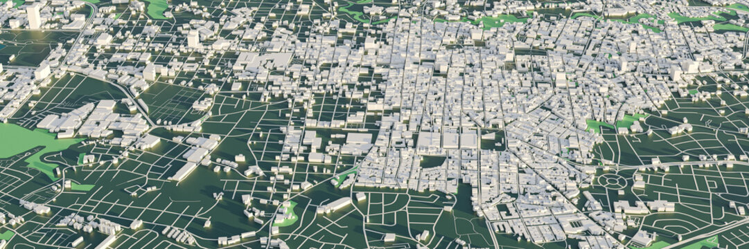 3D rendering map of San Jose City view. 3D illustration of an aerial view of San Jose, Costa Rica.