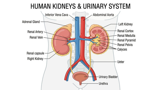 Detailed diagram of the human kidneys and urinary system showing major organs and blood vessels with labels.