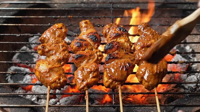 Chicken Satay Grilling on Charcoal with Peanut Sauce