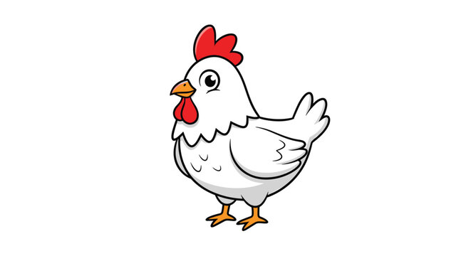 Adorable cartoon white chicken with red comb and yellow beak standing sideways on white background for farm animals.