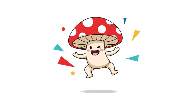 Joyful cartoon mushroom character with red polka dot cap dancing and winking surrounded by colorful confetti on white background.