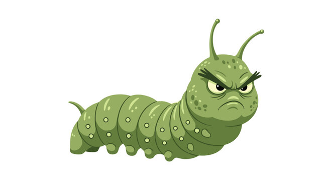 Angry green caterpillar character with a frowning face and thick eyebrows is depicted crawling along in a fun cartoon style.