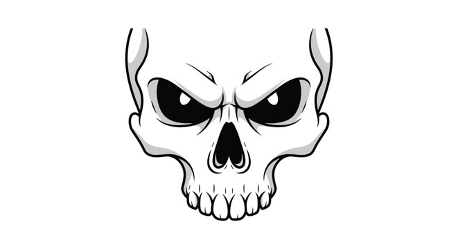 Stylized angry human skull with black hollow eyes and detailed jawbone illustrated in black and white on white background.
