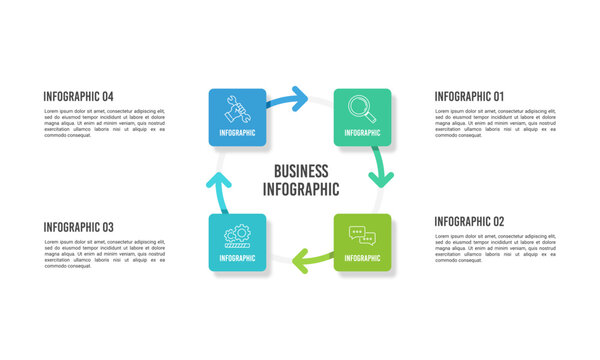 Circular and square business infographic illustration with 4 steps and arrows to show an overview of a cyclical process. Vector illustration.
