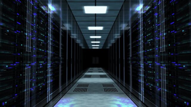 High-tech data center with server racks, supercomputers, and cloud infrastructure for big data and high-performance computing.

