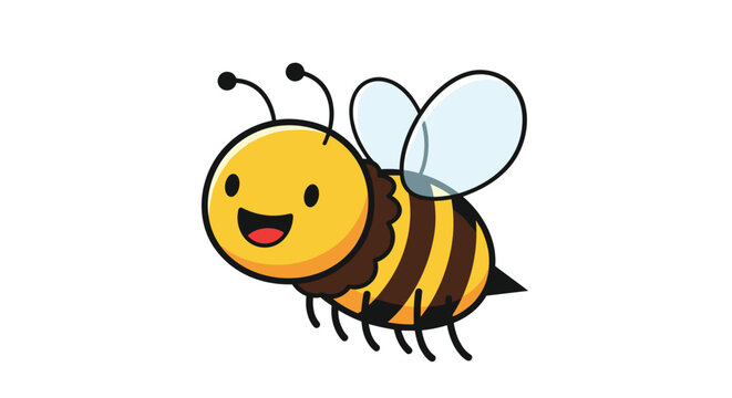 Cute little bumblebee with black and yellow stripes and a smiling face flies through the air with its transparent wings spread wide.