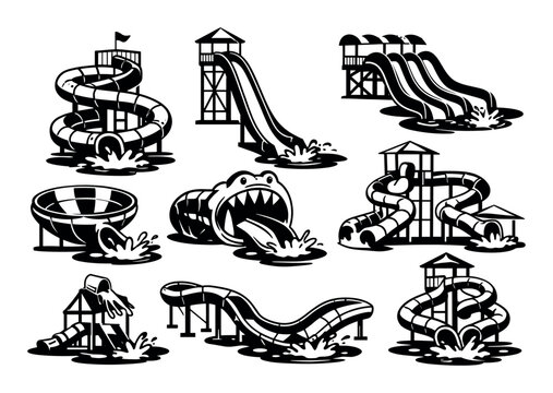 Water slides collection featuring different designs, including a tornado bowl, looping tubes, and a crocodile mouth