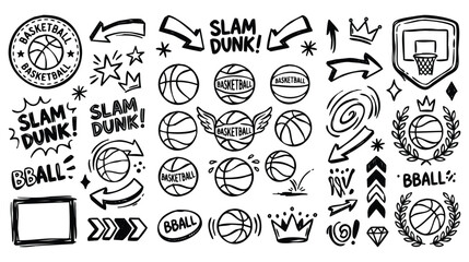 Vintage Retro Basketball Sports Elements Hand Drawn Doodle Set © Avartde