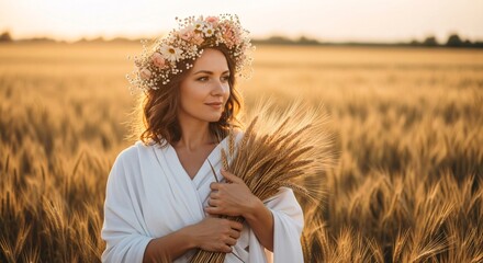 Beautiful young woman wearing a floral crown holding wheat stalks in a golden wheat field during sunset for agricultural nature harvest and rural lifestyle imagery