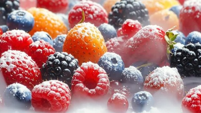 A vibrant assortment of fresh berries, including strawberries, raspberries, and blueberries, dusted with powdered sugar.