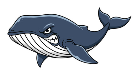 Obraz premium Angry cartoon whale with a mean expression and sharp teeth, swimming against a plain white background in a stylized art piece.