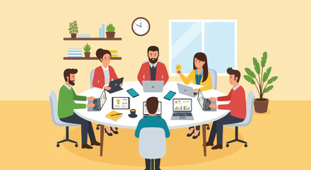 Fototapeta premium A team of diverse professionals collaborates around a large round table in a modern office setting using laptops and digital devices.