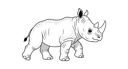 Obraz premium Detailed black and white line art illustration of a rhinoceros walking steadily, ideal for coloring books or educational animal materials.