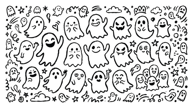 Cute Ghost Doodle Set, Hand-Drawn Cartoon Spooks with Various Facial Expressions for Halloween