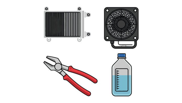 Tools and Components: Essential items for computer repair and maintenance are neatly arranged, including a cooling system and water bottle.