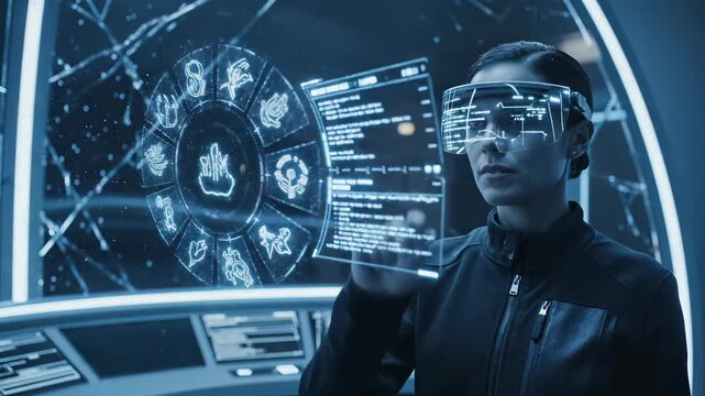 Woman uses futuristic technology via smart glasses. Scientist touches holographic screen. Futuristic interface shows digital data to woman. Woman controls virtual screen. Technology displays digital