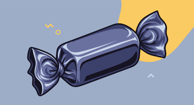 Delicious purple hard candy in a shiny plastic wrapper with twisted ends shown floating against an abstract blue and yellow backdrop.