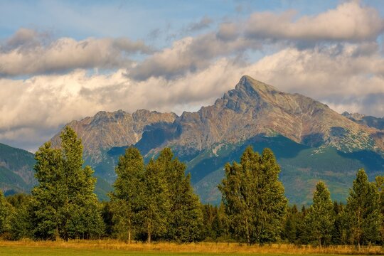 Scenic view of Krivan, one of the most iconic peaks of the High Tatras in Slovakia. Mountain ridge rises above green forest and meadow under partly cloudy sky, illuminated by warm natural light.
