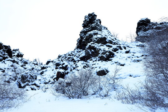 Lava field Dimmuborgir, an area with massive lava rock formations near Lake M&yacute;vatn in Sk&uacute;tusta&eth;ir, Iceland