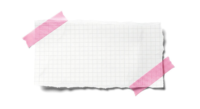 Torn piece of graph paper with pink tape on transparent background