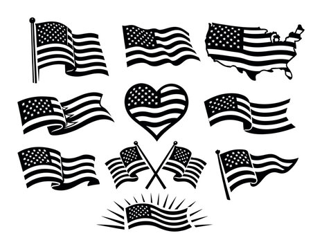 American flag icons in black and white, featuring various waving shapes, a heart, and the USA map outline