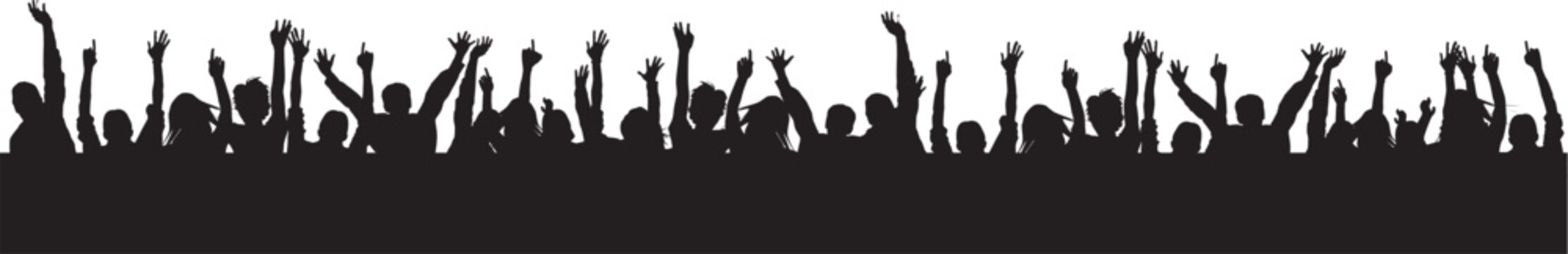 A vector illustration featuring a black grass silhouette on a white background with a cheering crowd of people dancing at a music festival party