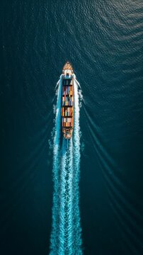 top-down aerial view of large merchant ship cutting through deep blue ocean, long wake trail forming clean lines, geometric composition, strong contrast between ship and water, minimalist maritime 