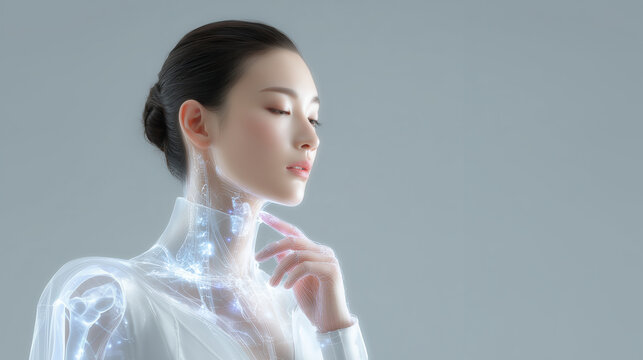 人体3DスキャンとDNAデータで最先端の健康管理する女性 / Korean woman analyzing holographic body scan, AI medical future technology