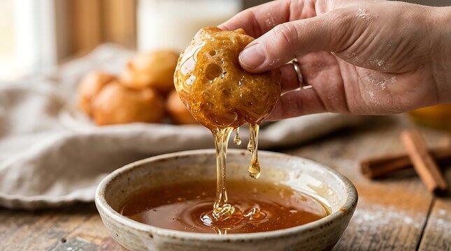 Fresh Hot Lokma Doughnut Dipped in Honey Bowl with Slow Motion Syrup Flow, Authentic Greek Street Food, Artisanal Honey Drip Close-up