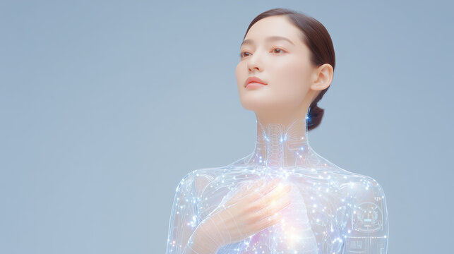 人体3DスキャンとDNAデータで最先端の健康管理する女性 / Korean woman analyzing holographic body scan, AI medical future technology