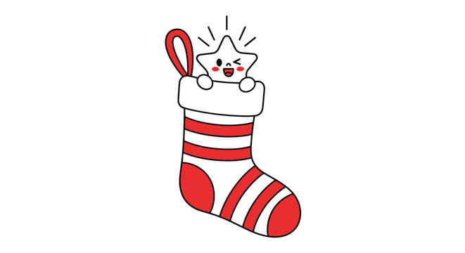 Christmas stocking with red and white stripes, featuring a small smiling star peeking out from the top as a holiday gift.
