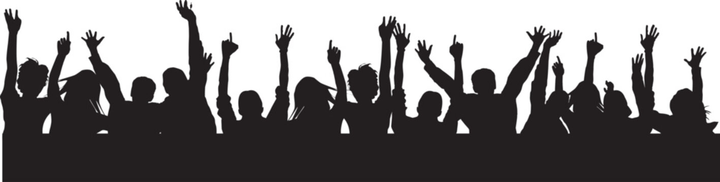 Vector illustration of a black grass silhouette and a cheering crowd of people dancing at a music festival celebration