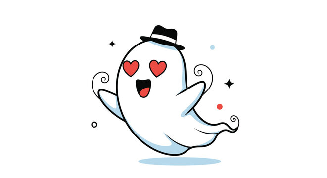Romantic white ghost wearing a black hat and having heart-shaped eyes, floating happily for a cute love or Halloween design.