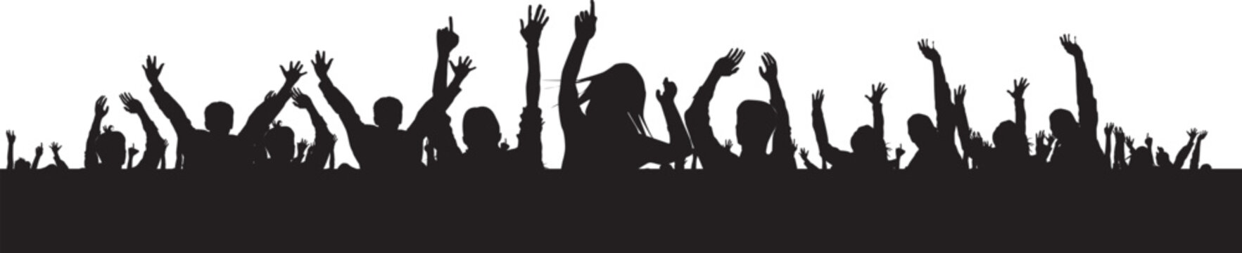 Vector illustration of a grass silhouette isolated on white background featuring a crowd of people dancing at a music festival club party with a DJ and youth audience for a concert flyer design