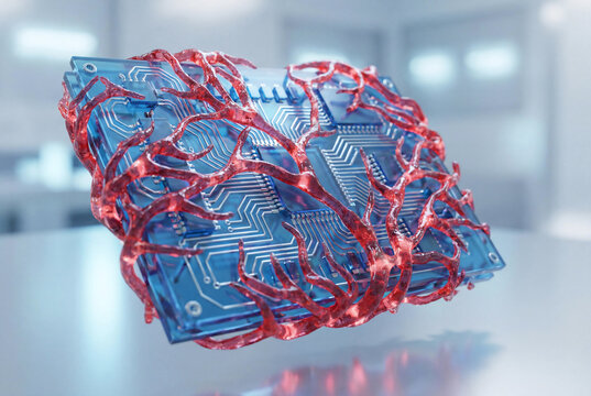 Biomorphic computer chip infected by red organic virus veins representing cyber security threat and bio-digital integration concept.