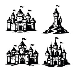 Fototapeta premium Silhouettes of castles showcasing a variety of fortress shapes, evoking a sense of fantasy, ancient history, and power