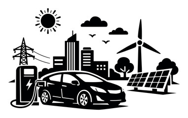Fototapeta premium Electric vehicle charging at a station, integrated with solar panels and a wind turbine for green energy in an urban setting